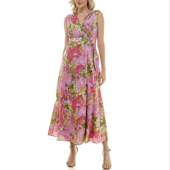 NWT Taylor Floral Print Voile Pleated V-Neck Sleeveless Maxi Dress - Size 8 - Picture 6 of 17